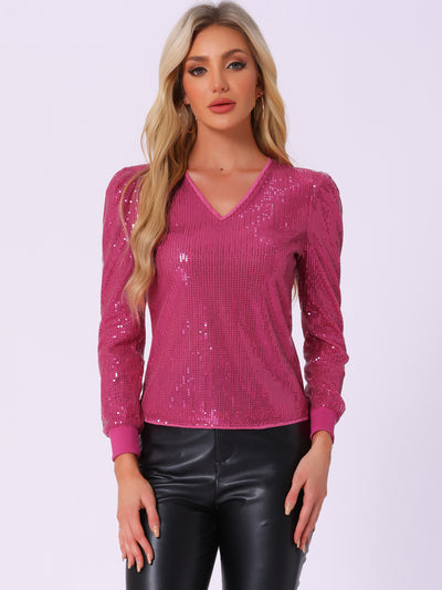 Sequin Top V Neck Party Metallic Sparkly Blouse