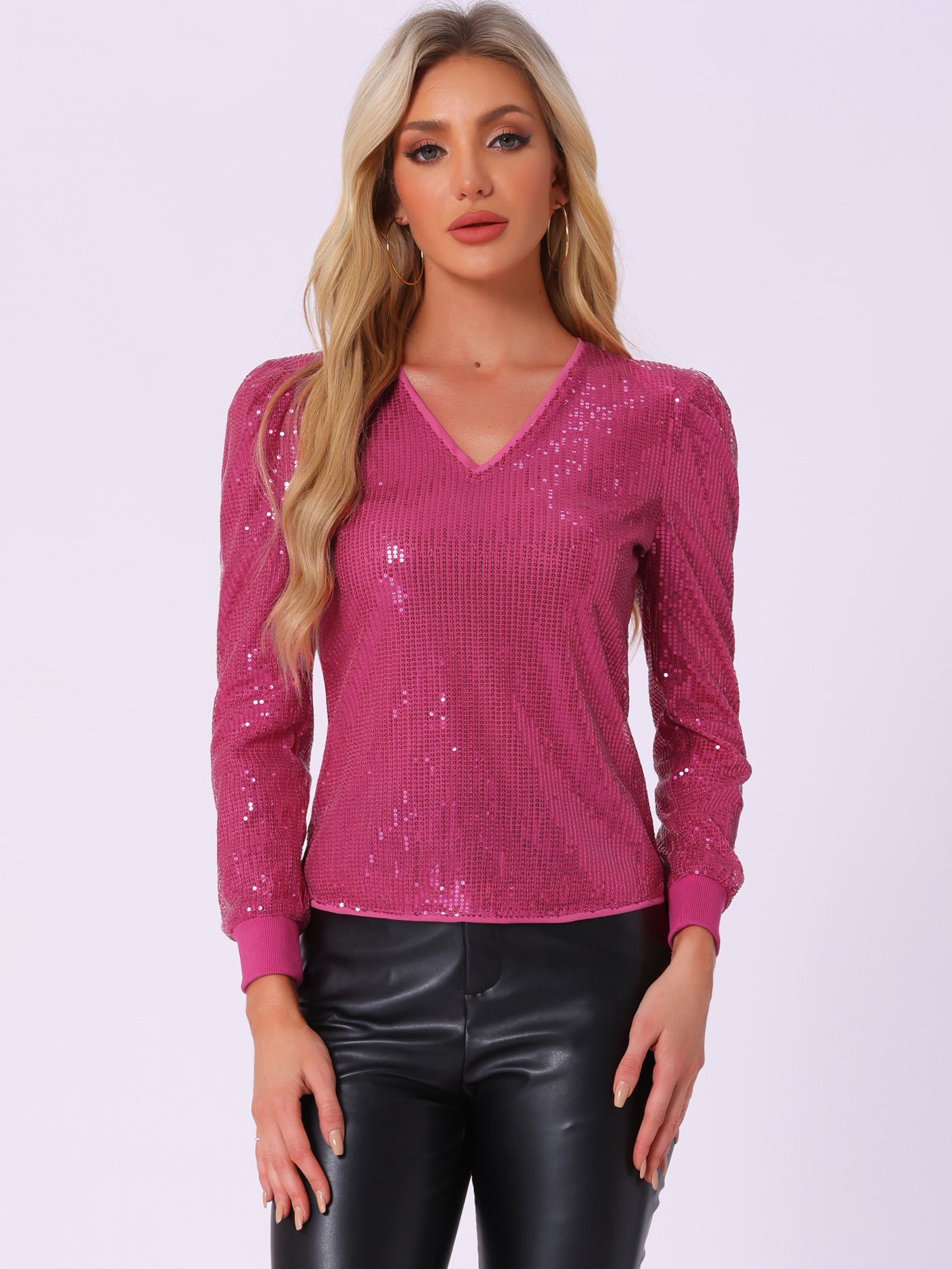 Allegra K Sequin Top V Neck Party Metallic Sparkly Blouse