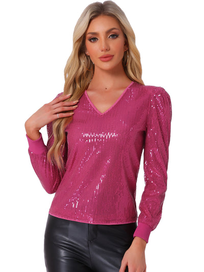 Sequin Top V Neck Party Metallic Sparkly Blouse