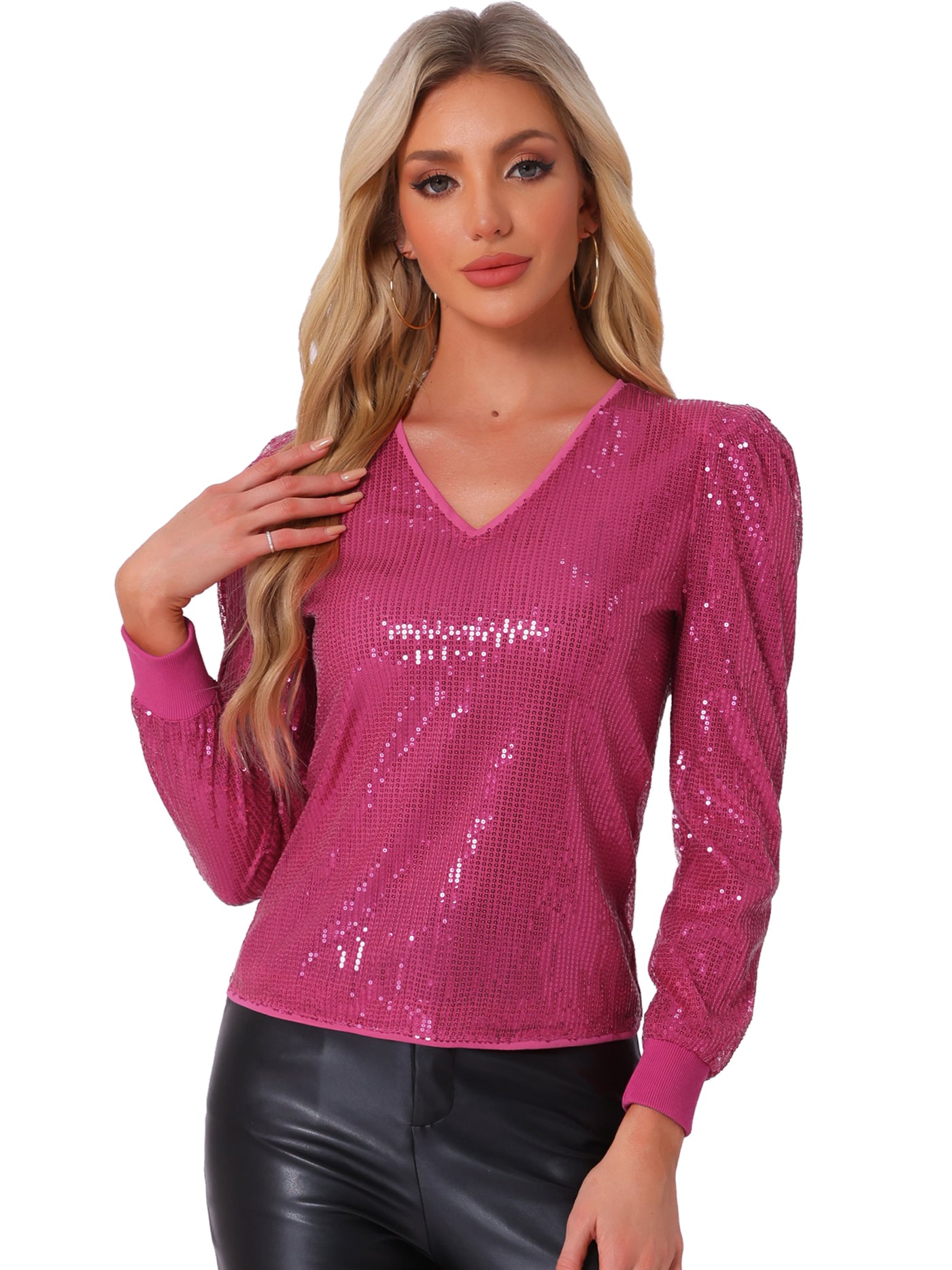 Allegra K Sequin Top V Neck Party Metallic Sparkly Blouse