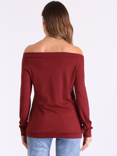 Off Shoulder Stretch Long Sleeve Solid Color Casual Blouse