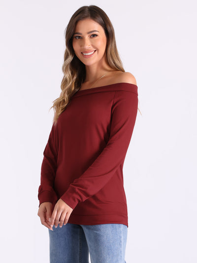 Off Shoulder Stretch Long Sleeve Solid Color Casual Blouse