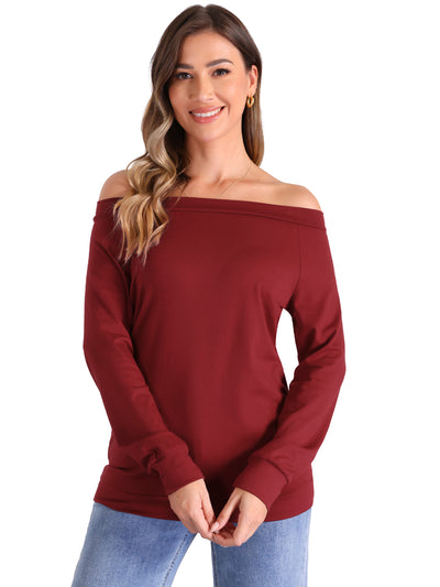 Off Shoulder Stretch Long Sleeve Solid Color Casual Blouse