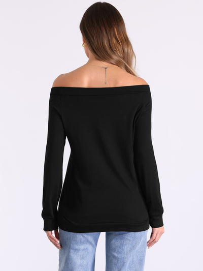 Off Shoulder Stretch Long Sleeve Solid Color Casual Blouse