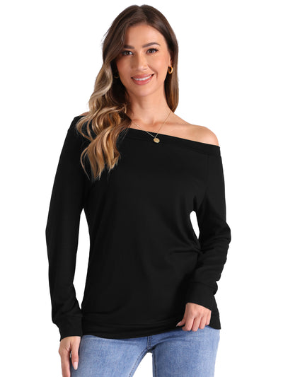 Off Shoulder Stretch Long Sleeve Solid Color Casual Blouse