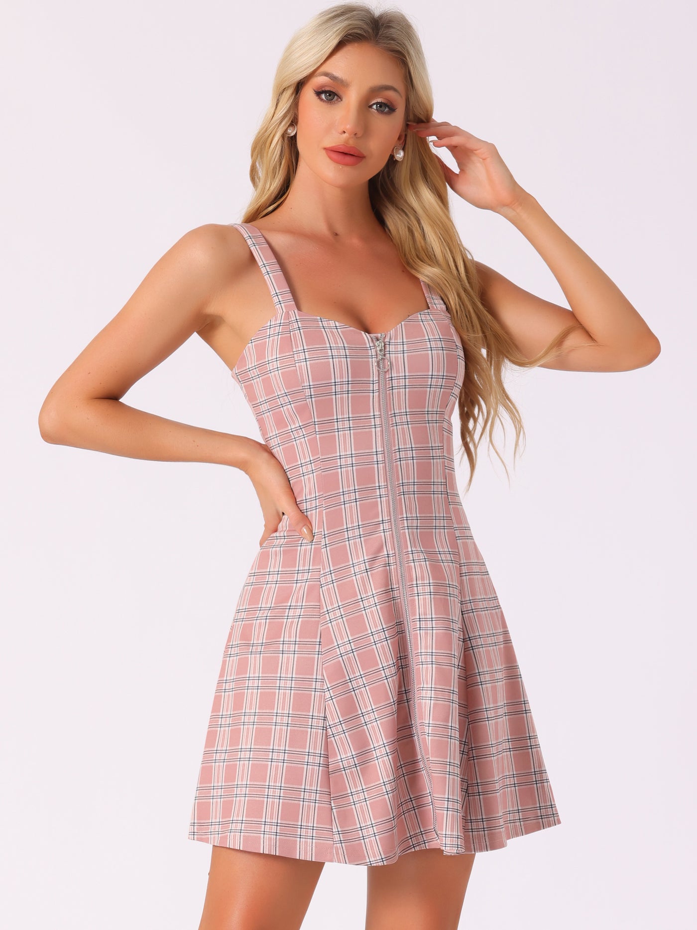 Allegra K Plaid Zipper Front Party Strap Sleeveless Tube Mini A-Line Dress