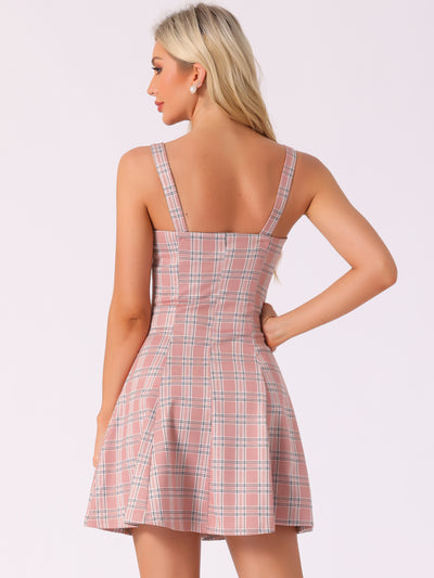 Plaid Zipper Front Party Strap Sleeveless Tube Mini A-Line Dress