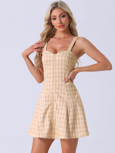 Plaid Zipper Front Party Strap Sleeveless Tube Mini A-Line Dress