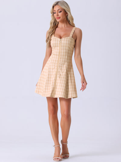 Plaid Zipper Front Party Strap Sleeveless Tube Mini A-Line Dress