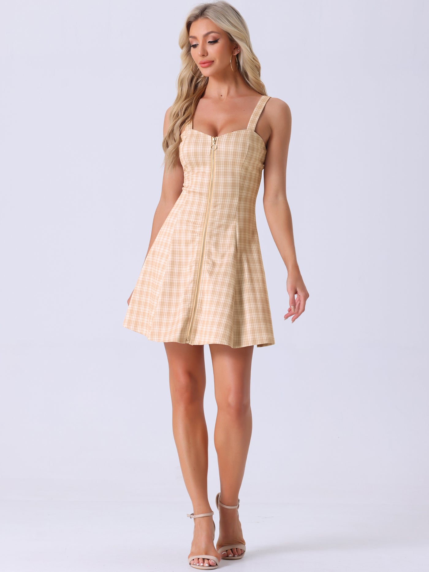 Allegra K Plaid Zipper Front Party Strap Sleeveless Tube Mini A-Line Dress