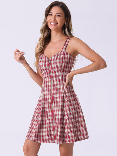 Plaid Zipper Front Party Strap Sleeveless Tube Mini A-Line Dress