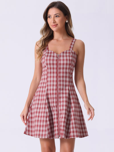 Plaid Zipper Front Party Strap Sleeveless Tube Mini A-Line Dress