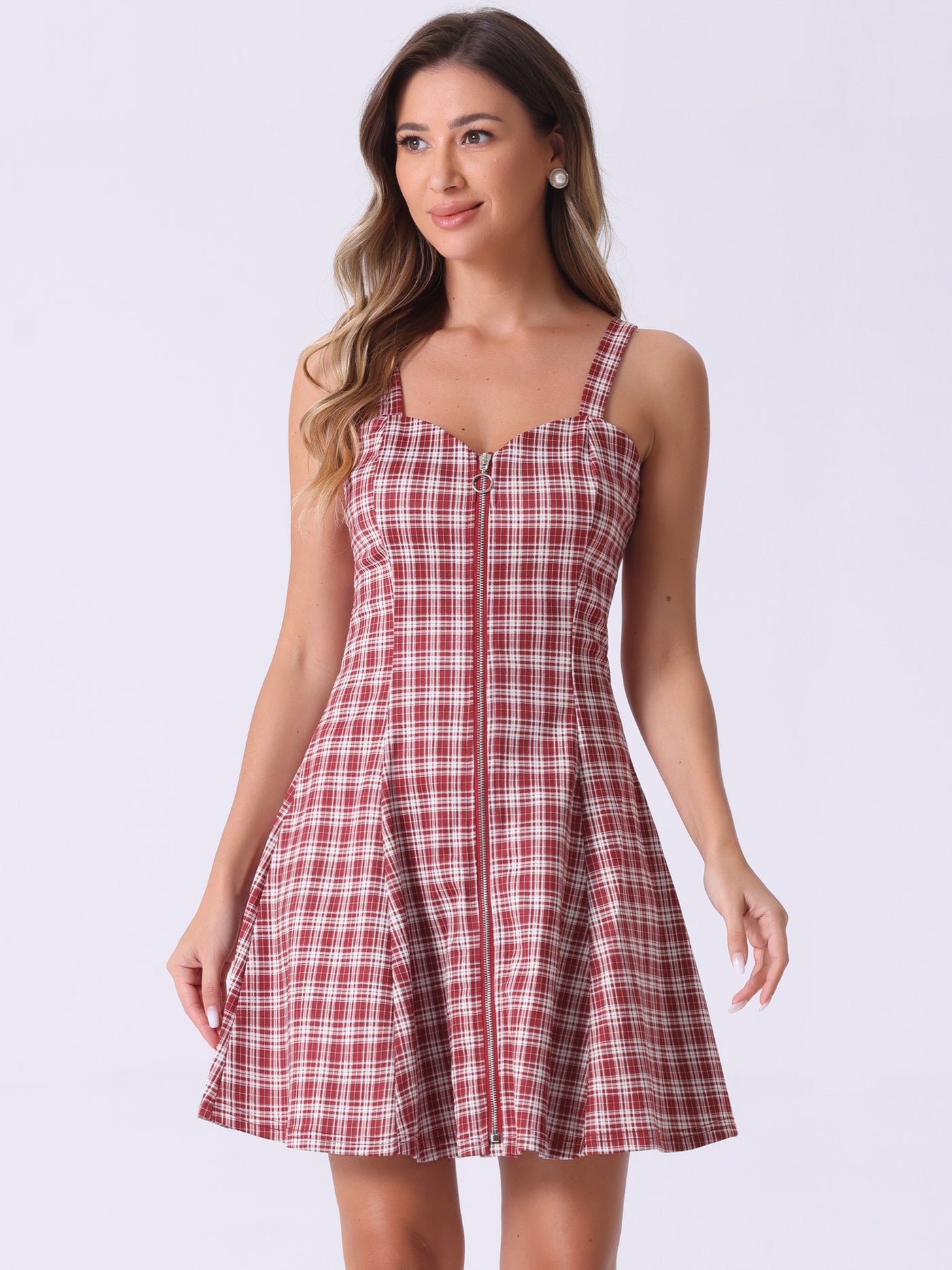 Allegra K Plaid Zipper Front Party Strap Sleeveless Tube Mini A-Line Dress