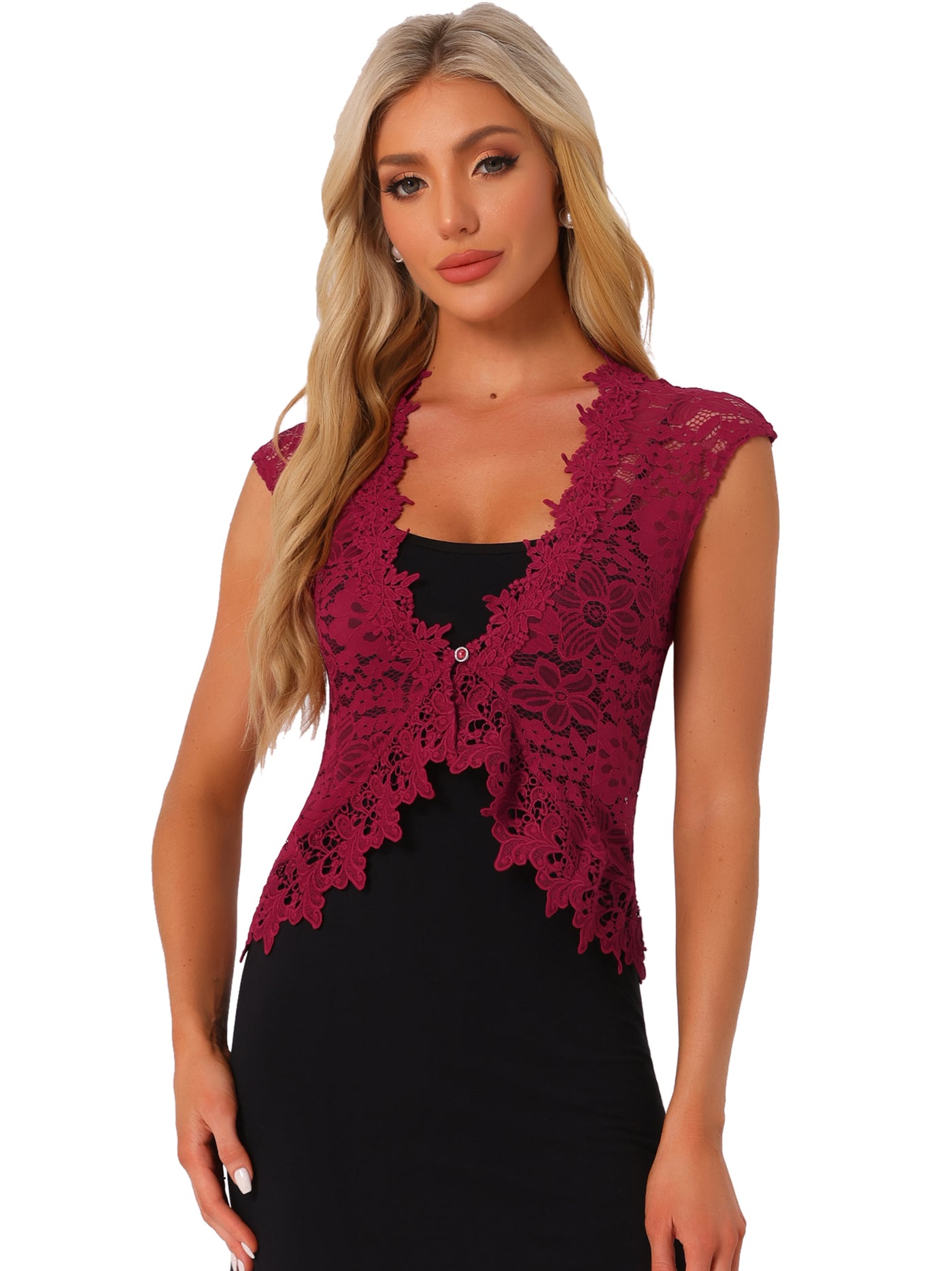 Allegra K Floral Lace Shrug Wedding Guest Cap Sleeve Formal Sheer Bolero Cardigan