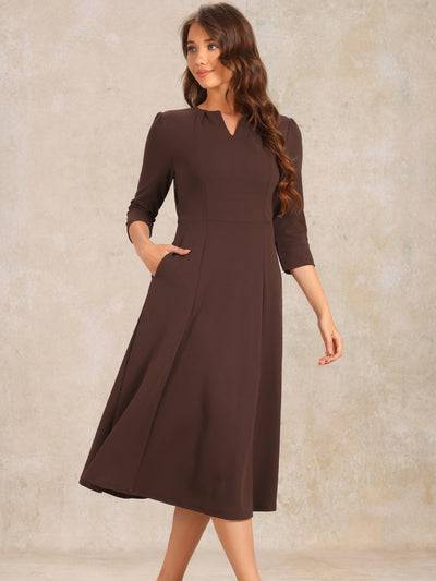 Notch Neck Pocketed 3/4 Sleeve Solid A-Line Work Dress