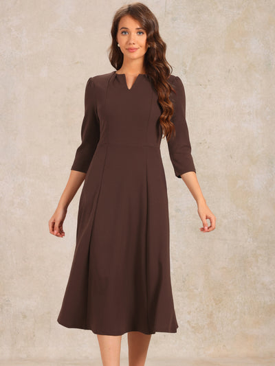 Notch Neck Pocketed 3/4 Sleeve Solid A-Line Work Dress