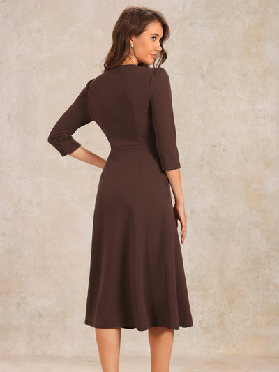 Notch Neck Pocketed 3/4 Sleeve Solid A-Line Work Dress