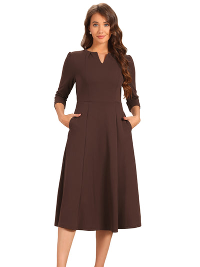 Notch Neck Pocketed 3/4 Sleeve Solid A-Line Work Dress