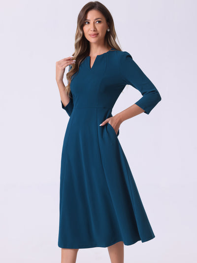 Notch Neck Pocketed 3/4 Sleeve Solid A-Line Work Dress