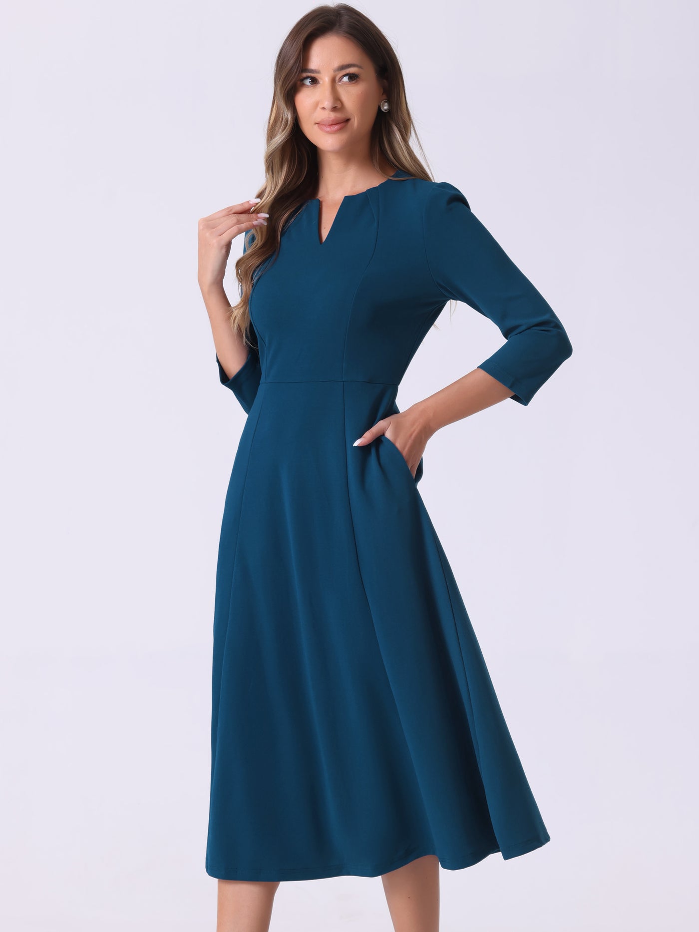 Allegra K Notch Neck Pocketed 3/4 Sleeve Solid A-Line Work Dress