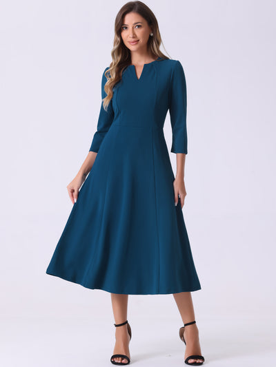 Notch Neck Pocketed 3/4 Sleeve Solid A-Line Work Dress