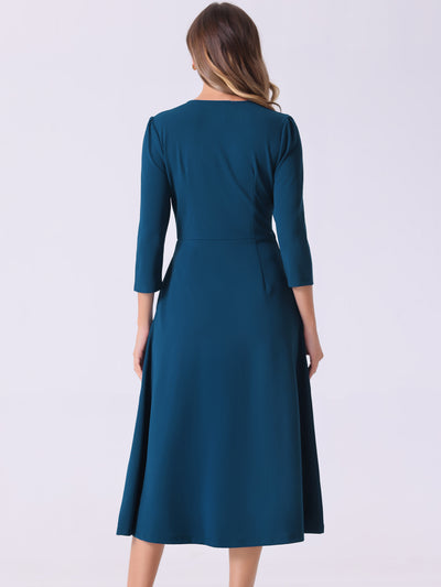 Notch Neck Pocketed 3/4 Sleeve Solid A-Line Work Dress