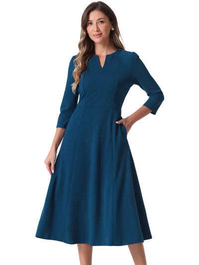 Notch Neck Pocketed 3/4 Sleeve Solid A-Line Work Dress