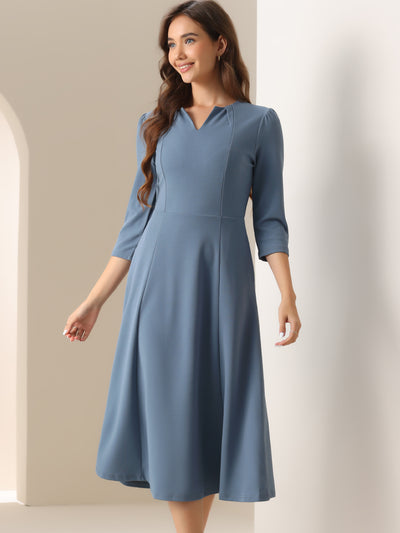 Notch Neck Pocketed 3/4 Sleeve Solid A-Line Work Dress