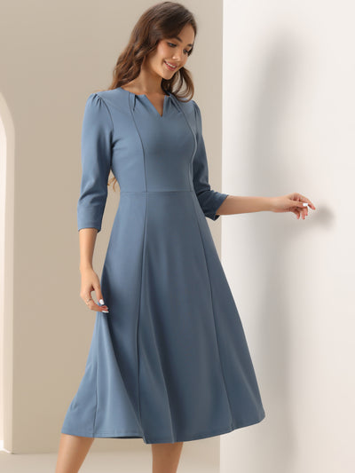 Notch Neck Pocketed 3/4 Sleeve Solid A-Line Work Dress