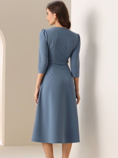 Notch Neck Pocketed 3/4 Sleeve Solid A-Line Work Dress