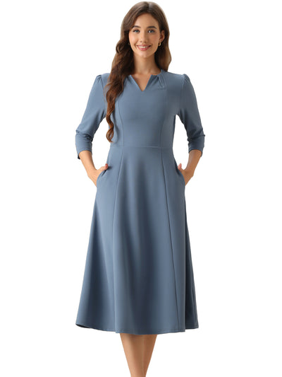 Notch Neck Pocketed 3/4 Sleeve Solid A-Line Work Dress