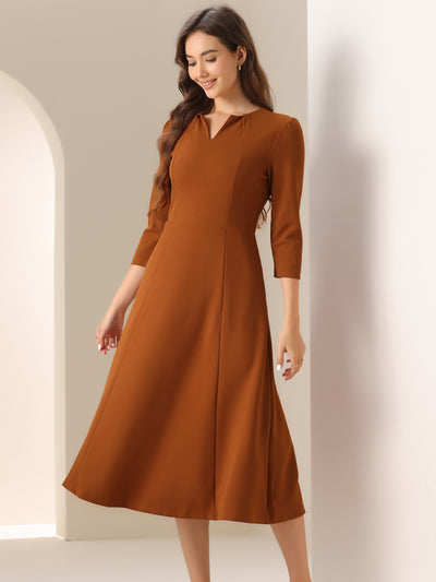 Notch Neck Pocketed 3/4 Sleeve Solid A-Line Work Dress