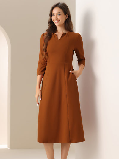 Notch Neck Pocketed 3/4 Sleeve Solid A-Line Work Dress