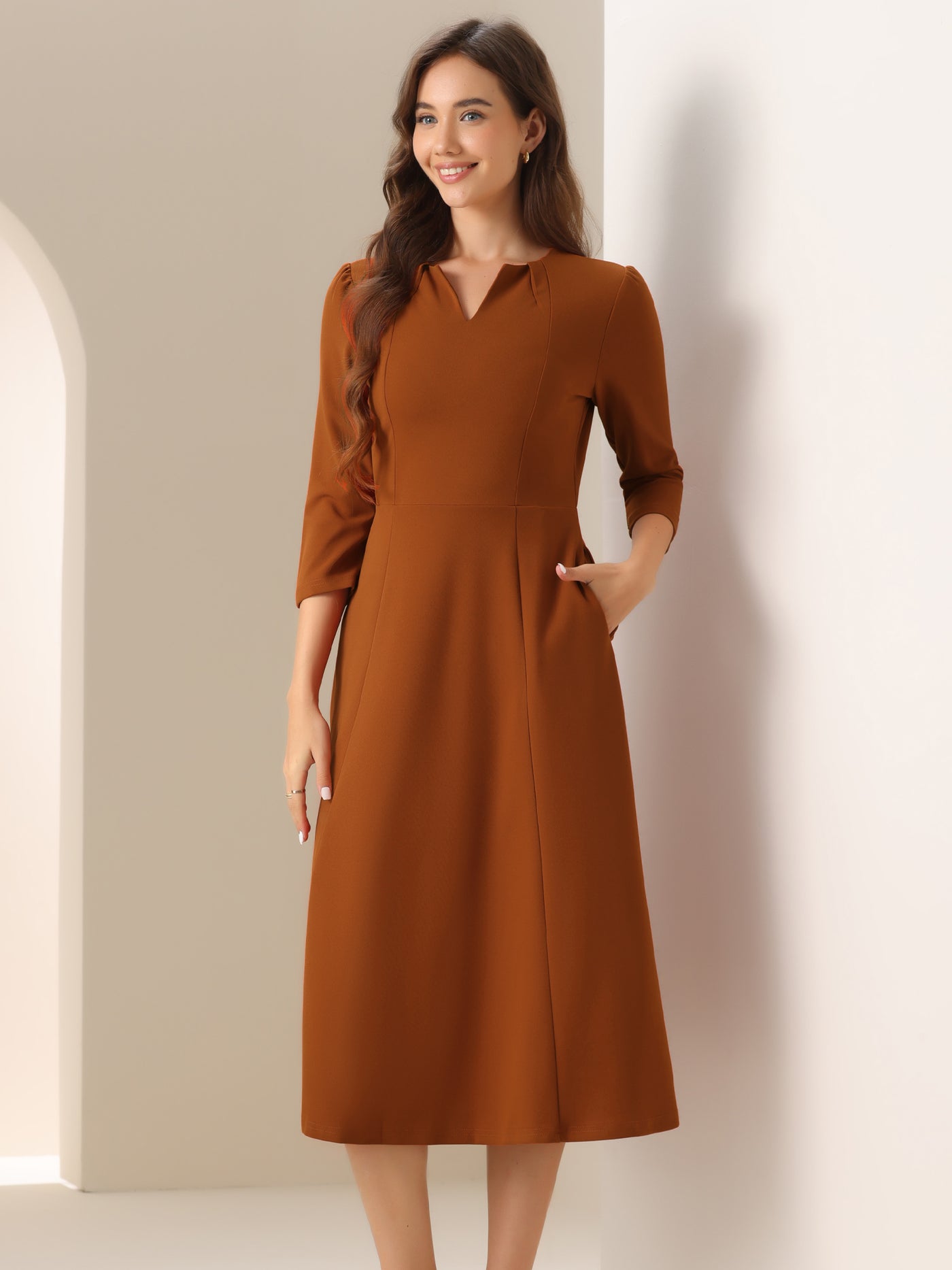 Allegra K Notch Neck Pocketed 3/4 Sleeve Solid A-Line Work Dress