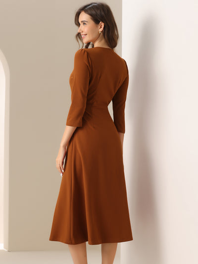 Notch Neck Pocketed 3/4 Sleeve Solid A-Line Work Dress