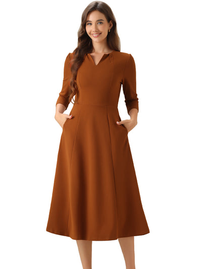 Notch Neck Pocketed 3/4 Sleeve Solid A-Line Work Dress