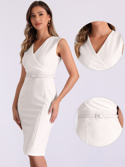 Solid Color V Neck Sleeveless Belted Business Office Midi Sheath Dress