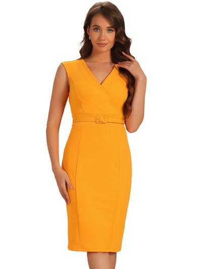 Solid Color V Neck Sleeveless Belted Business Office Midi Sheath Dress