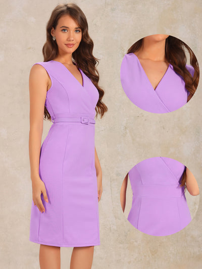 Solid Color V Neck Sleeveless Belted Business Office Midi Sheath Dress