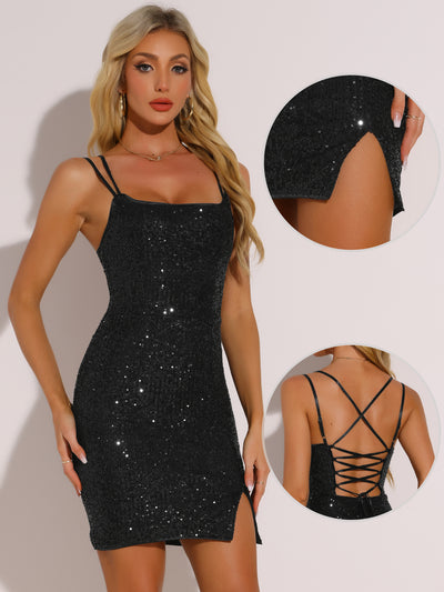 Glitter Sequin Lace-up Spaghetti Strap Party Clubwear Mini Dress