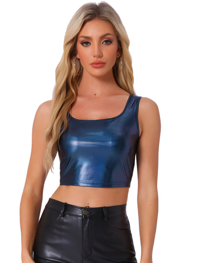 U Neck Sleeveless Party Holographic Shiny Metallic Crop Top