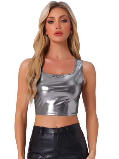 U Neck Sleeveless Party Holographic Shiny Metallic Crop Top