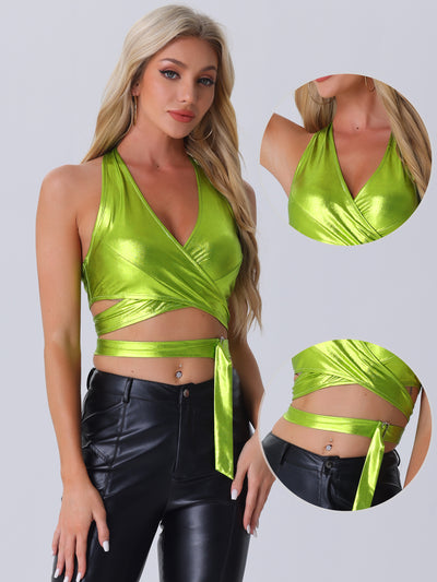 Metallic Halter Neck Deep V Neck Backless Holographic Crop Top