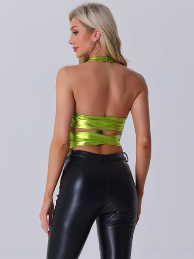 Metallic Halter Neck Deep V Neck Backless Holographic Crop Top