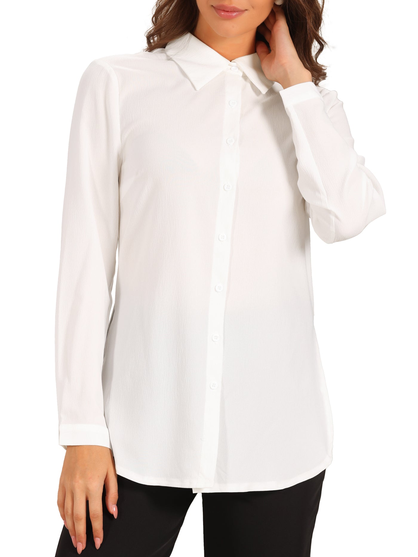 Allegra K Button Down Side Slit Long Sleeve Tunic Shirts