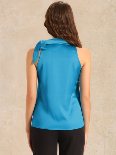 Elegant Satin Sleeveless Tie Knot Mock Neck Solid Work Blouse Top