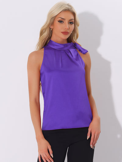 Elegant Satin Sleeveless Tie Knot Mock Neck Solid Work Blouse Top