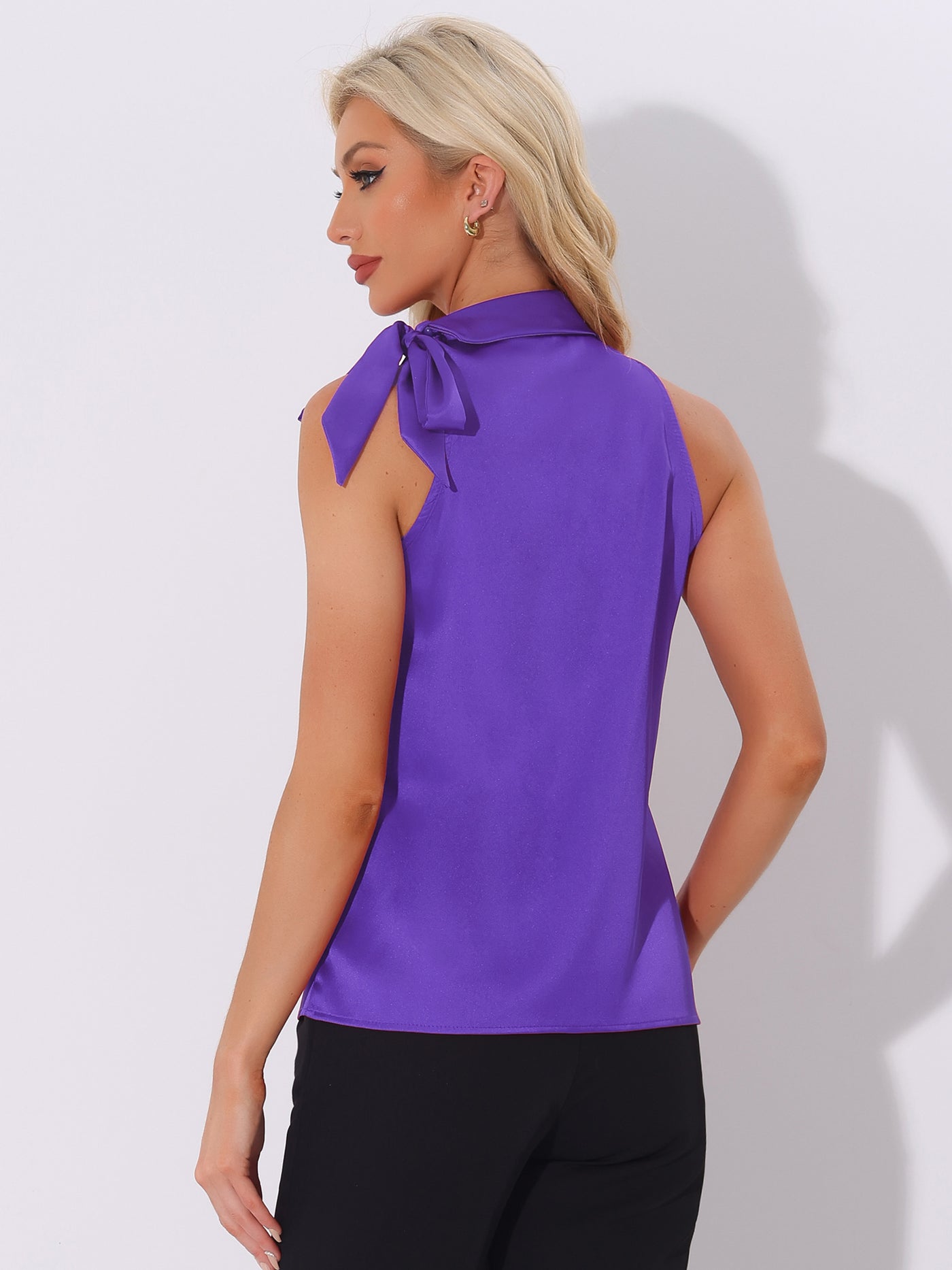 Allegra K Elegant Satin Sleeveless Tie Knot Mock Neck Solid Work Blouse Top