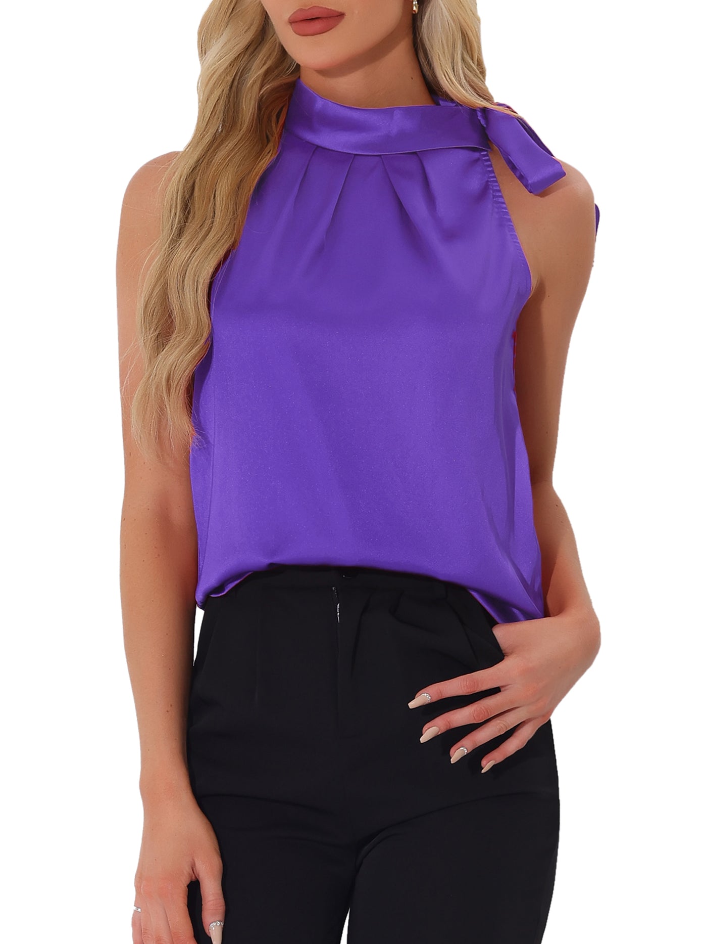 Allegra K Elegant Satin Sleeveless Tie Knot Mock Neck Solid Work Blouse Top