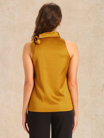 Elegant Satin Sleeveless Tie Knot Mock Neck Solid Work Blouse Top